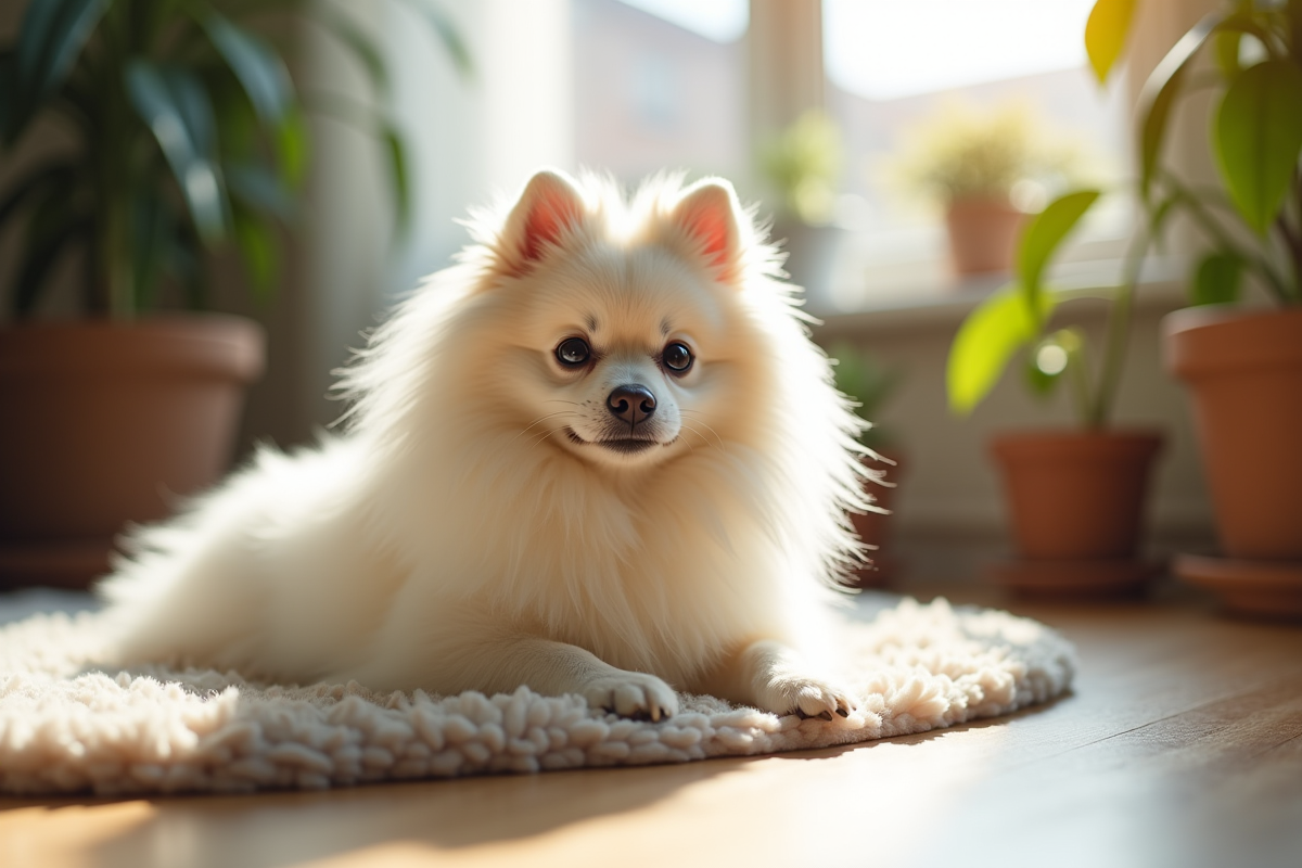 Chien Pomeranian blanc allongé sur un tapis près de plantes d