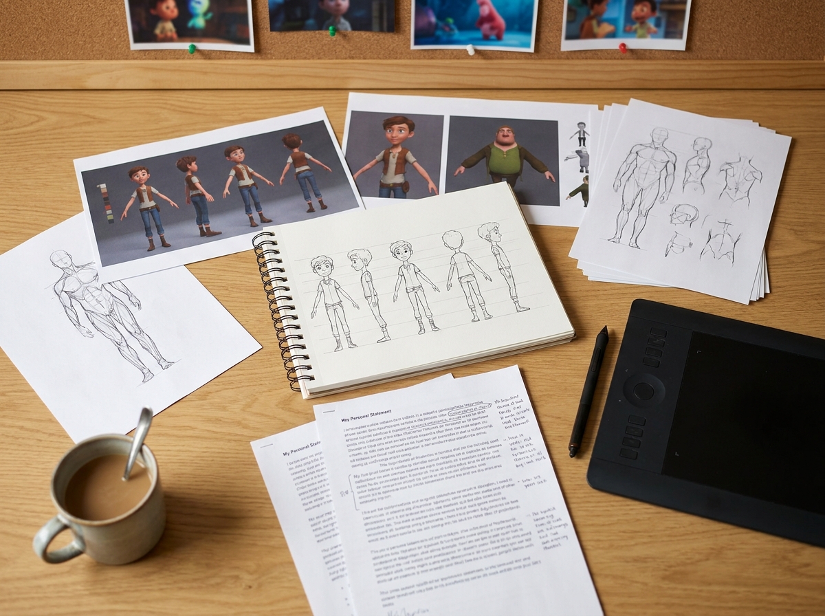 Vue du dessus d'un portfolio d'admission en animation 3D et effets spéciaux avec croquis de personnages, tablette graphique et documents sur un bureau en bois