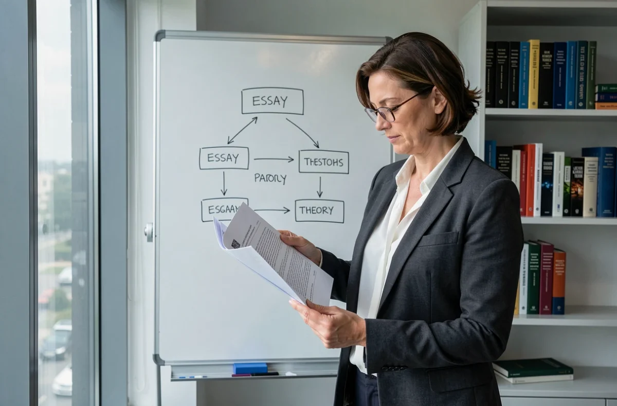 Professeure analysant un plan structuré d'essai littéraire devant un tableau blanc dans un bureau académique moderne