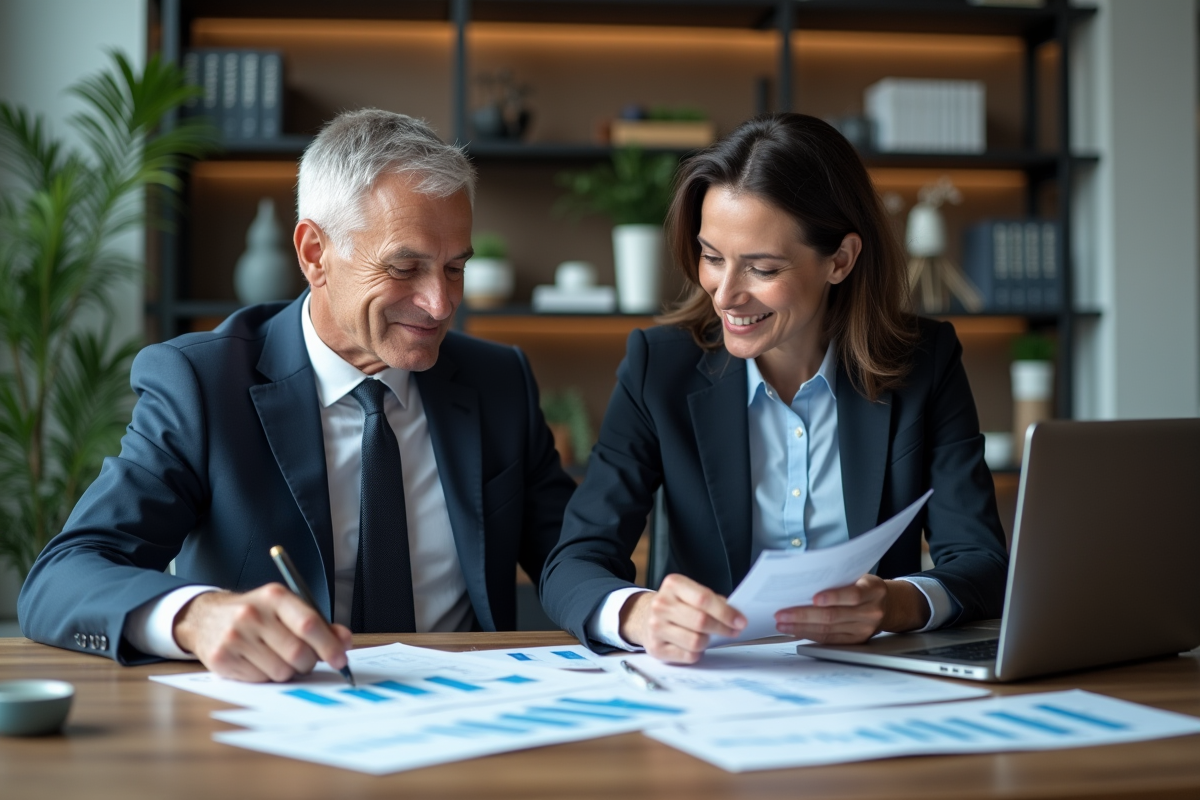 Homme et femme d affaires analysant des graphiques financiers
