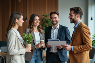Groupe de professionnels discutant de durabilite en conference