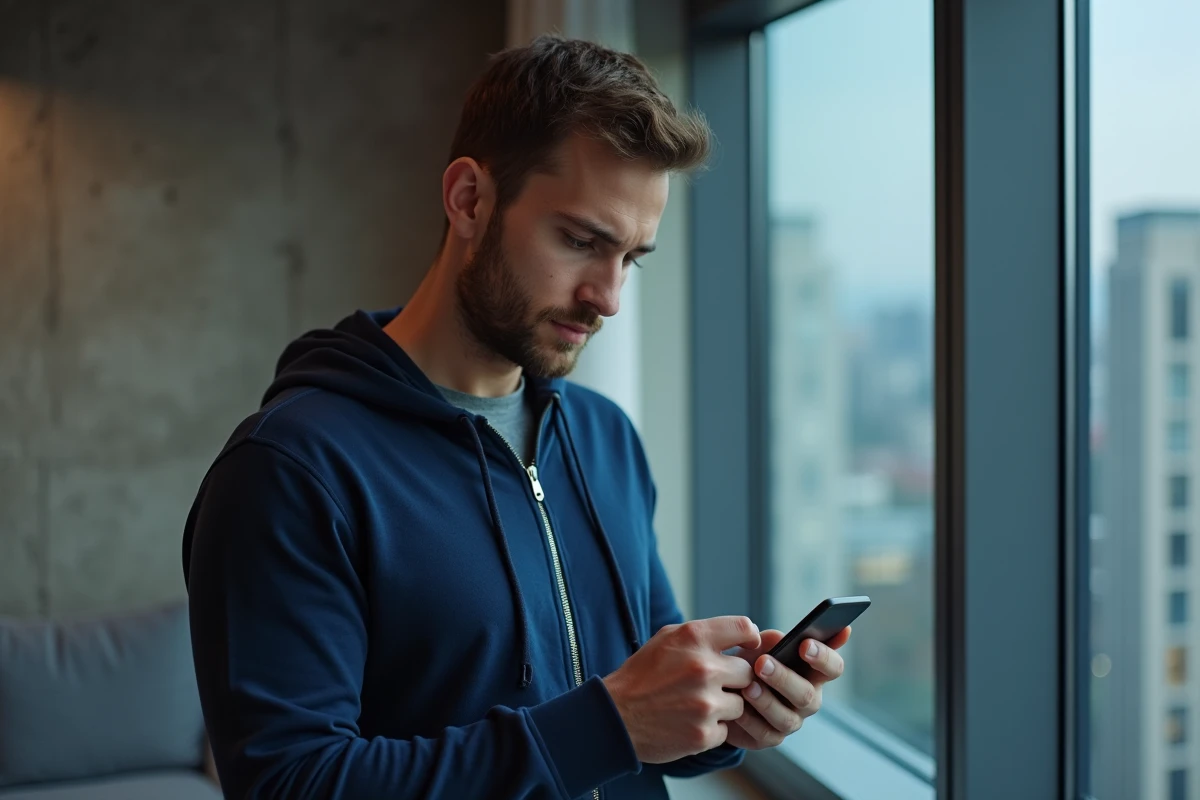 Homme protégeant ses données personnelles sur smartphone dans un appartement urbain