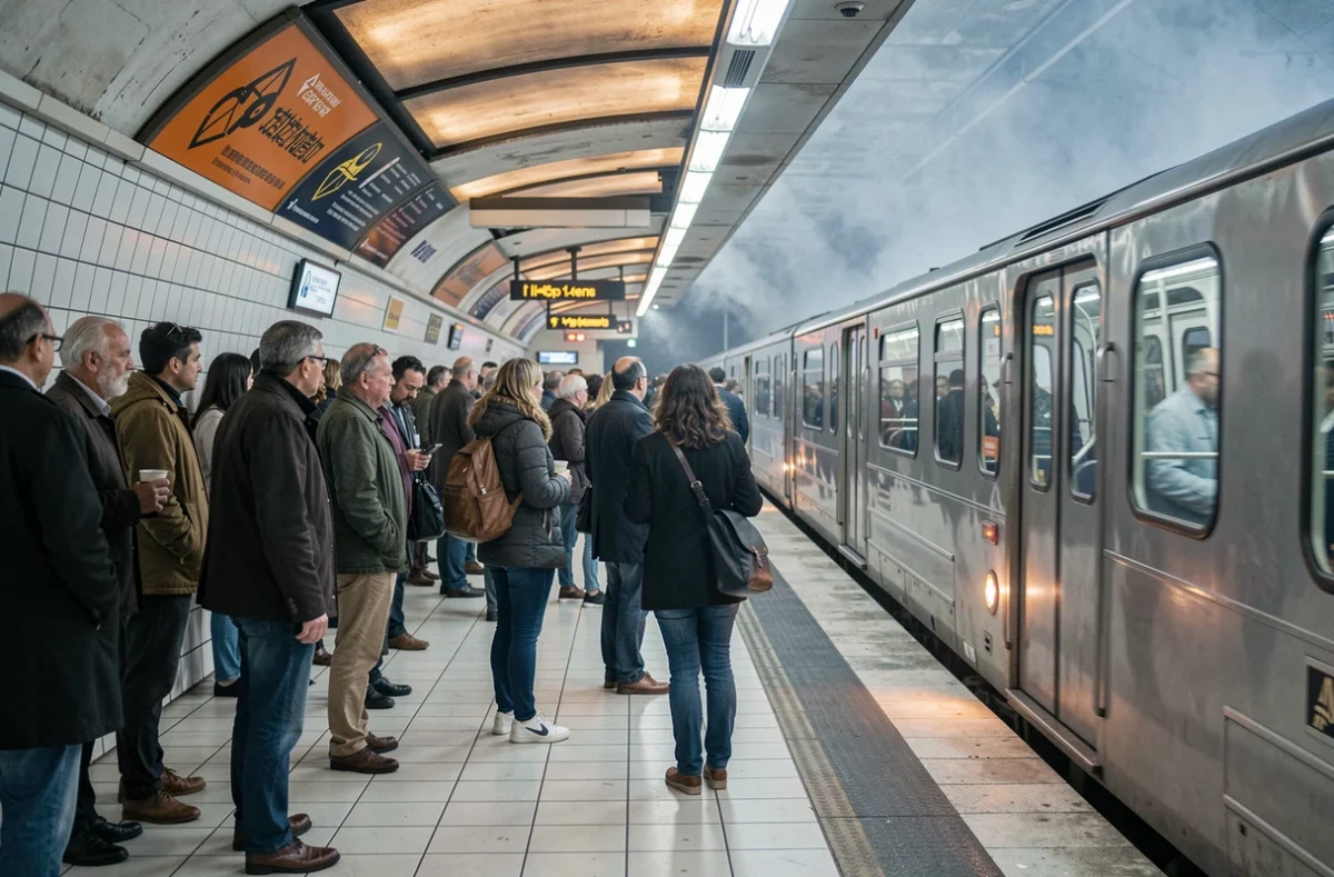 Quai animé du métro parisien avec voyageurs attendant l'arrivée d'une rame