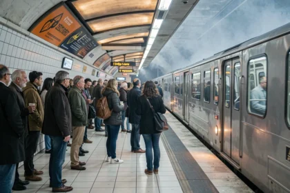 Quai animé du métro parisien avec voyageurs attendant l'arrivée d'une rame