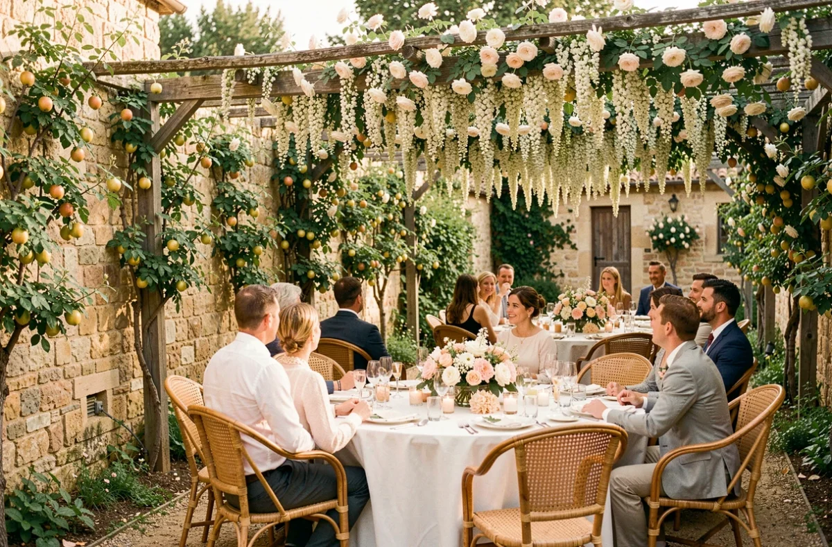 Réception Côté Jardin avec sa pergola fleurie en roses blanches et ses tables dressées dans un jardin clos provençal