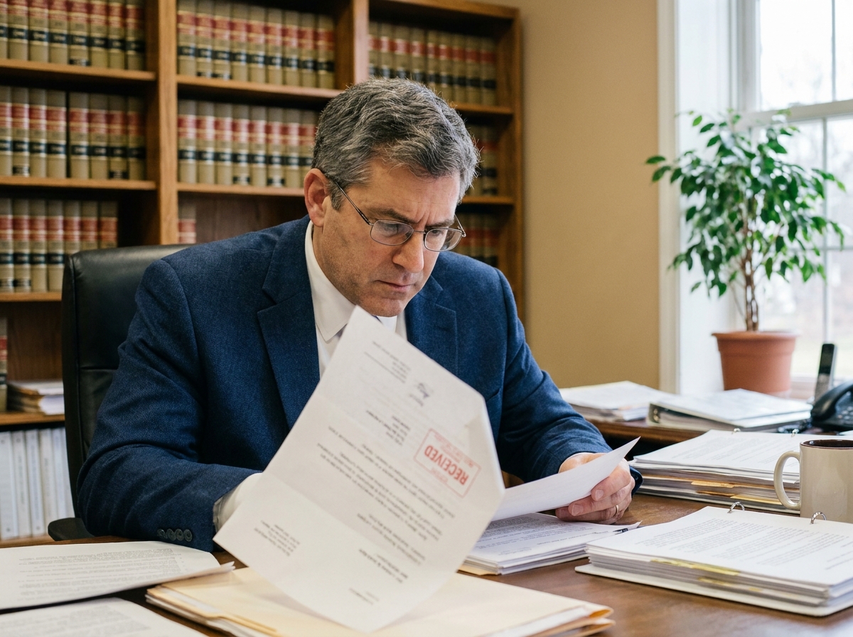 Homme en costume consultant des documents administratifs liés à un recours contre une décision de permis de construire