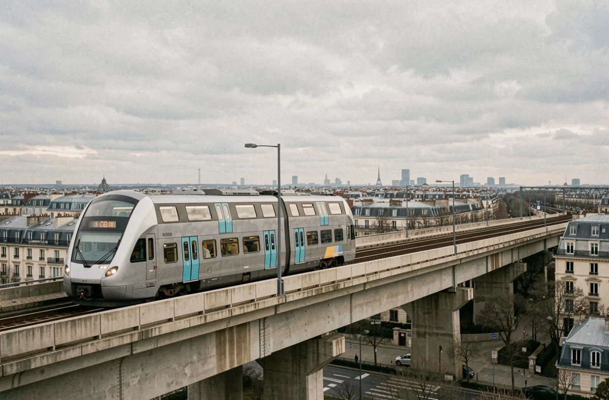 Rame RER B traversant un viaduc avec vue panoramique sur la banlieue parisienne