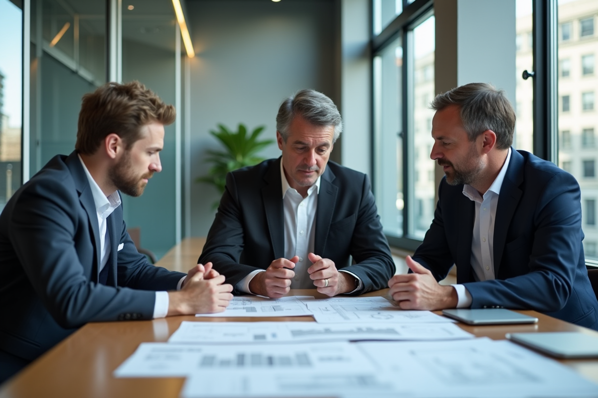 Groupe de trois adultes en réunion immobiliere