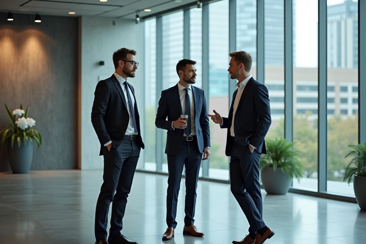 Groupe de professionnels discutant dans un lobby moderne