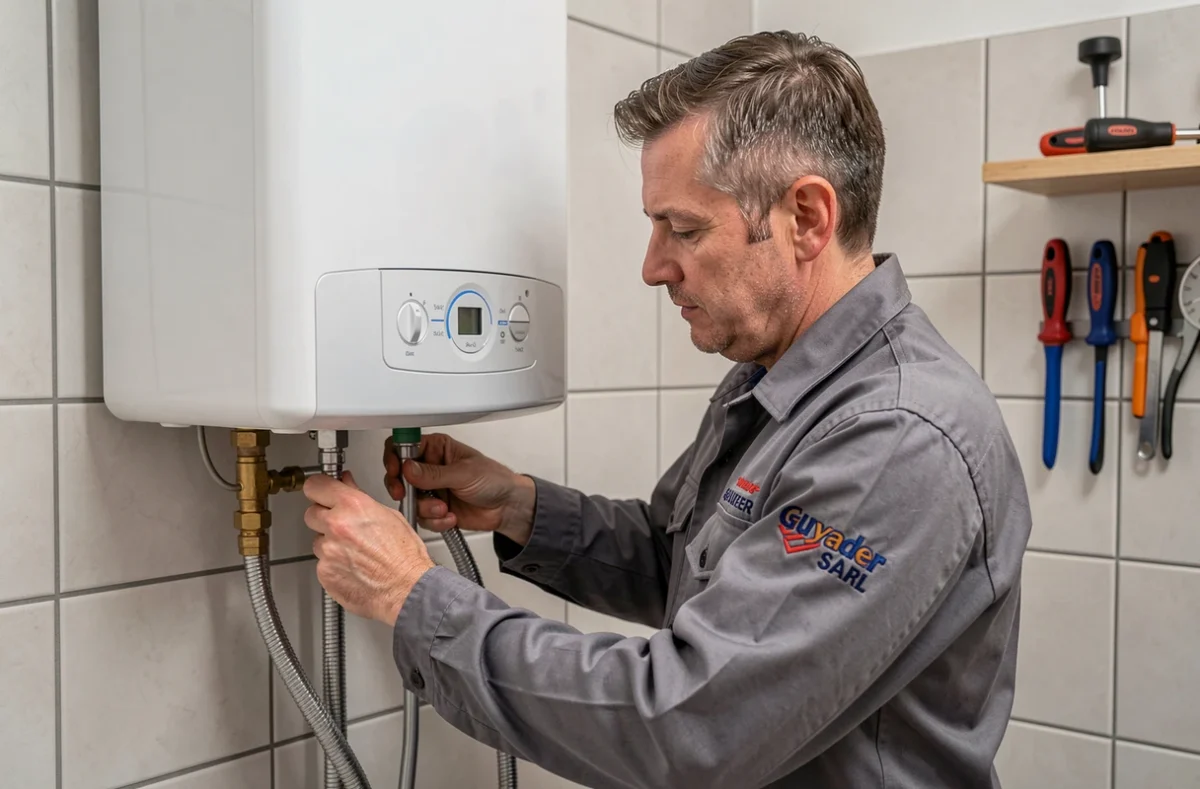 Plombier Sarl Guyader installant un chauffe-eau électrique dans une buanderie à Quimper
