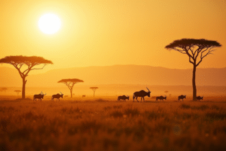 Savana tanzanienne au lever du soleil avec girafes
