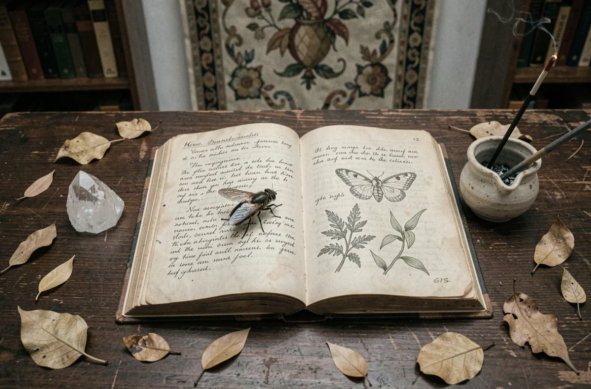 Mouche posée sur un vieux livre ésotérique ouvert entouré de cristaux et d'encens, symbolisme spirituel et signification mystique