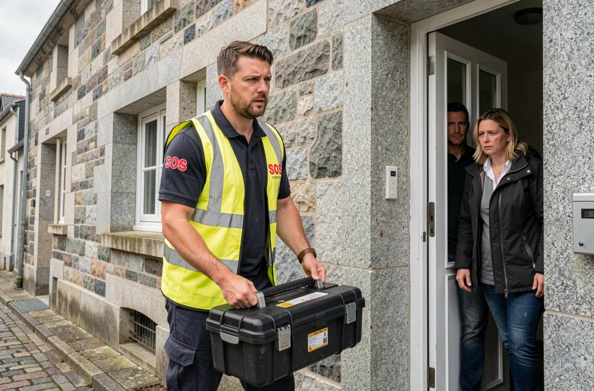 Plombier d'urgence SOS Tomtom arrivant au domicile d'un client à Quimper pour une intervention rapide