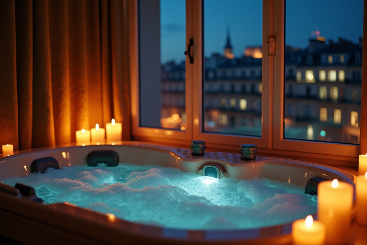 Suite parisienne luxueuse avec jacuzzi et ambiance nocturne chaleureuse