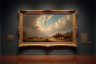 Reproduction encadrée du tableau American Progress de John Gast exposée dans un musée américain, illustrant la destinée manifeste