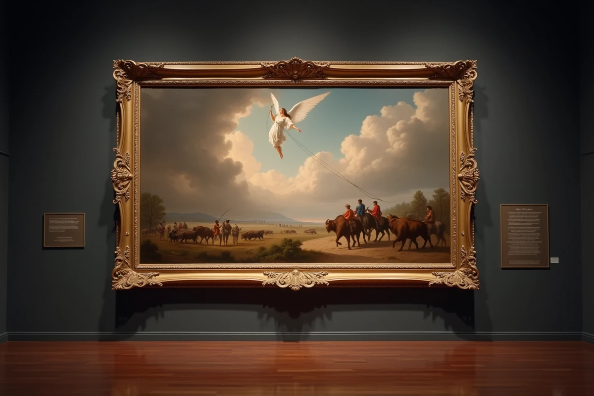 Reproduction encadrée du tableau American Progress de John Gast exposée dans un musée américain, illustrant la destinée manifeste