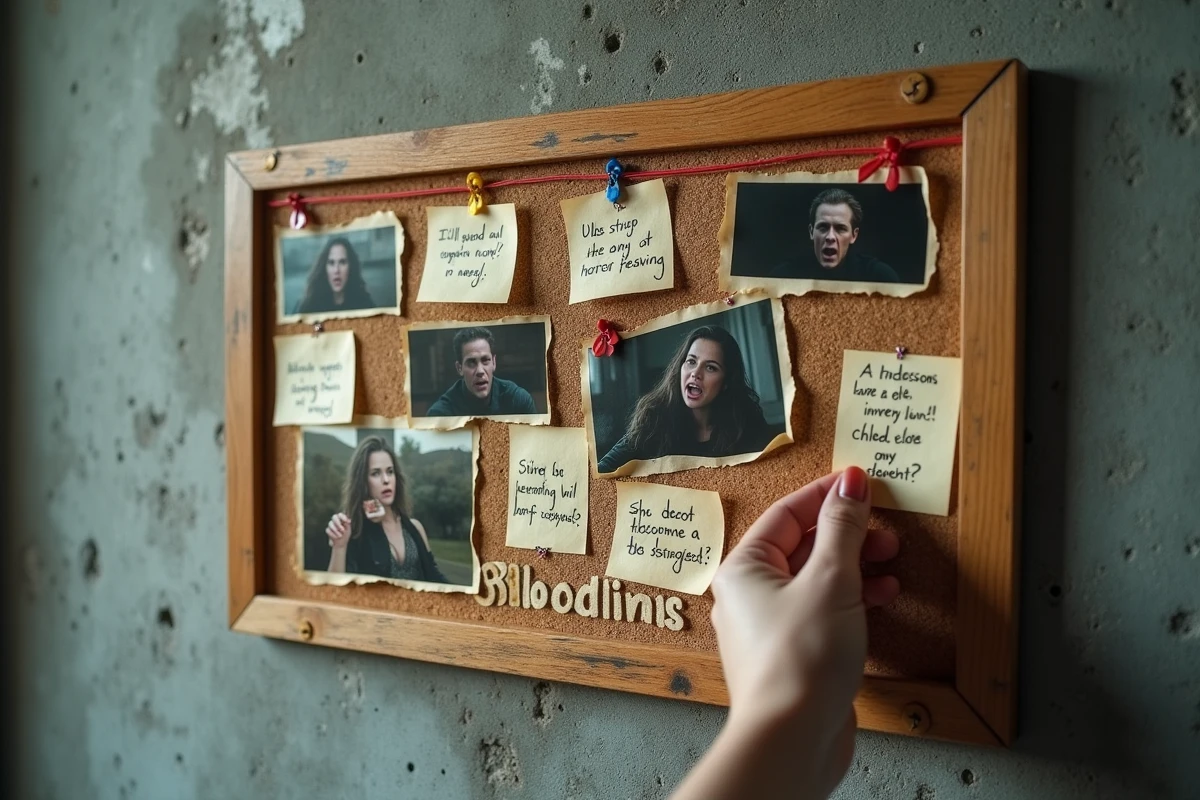 Tableau d'investigation de fan avec captures d'écran imprimées, fils rouges et notes manuscrites analysant les indices cachés dans la bande-annonce de Destination Final Bloodlines