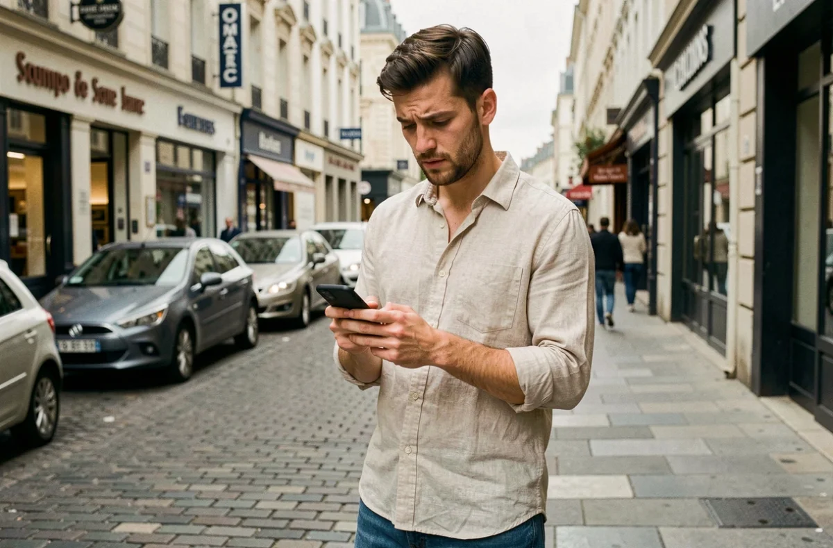 Jeune homme consultant les tarifs d'appel vers l'Espagne sur son téléphone dans la rue