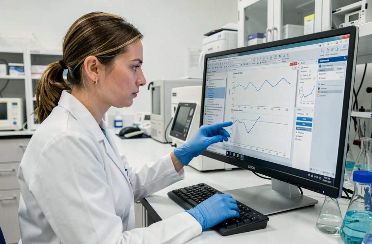 Technicienne de laboratoire analysant les performances et les données de précision d'un système de mesure BELMASS sur un écran professionnel