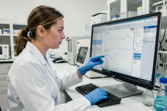 Technicienne de laboratoire analysant les performances et les données de précision d'un système de mesure BELMASS sur un écran professionnel