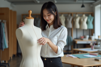 Jeune technicienne de mode ajustant un tissu dans un atelier créatif