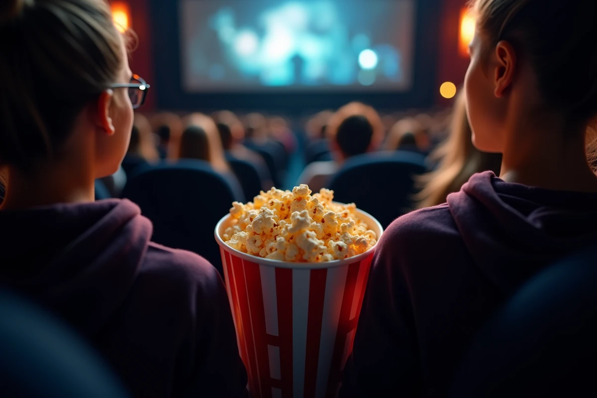 Mains crispées tenant un sac de popcorn dans une salle de cinéma sombre lors d'une projection de film d'horreur, évoquant la tension d'une bande-annonce de Destination Final Bloodlines