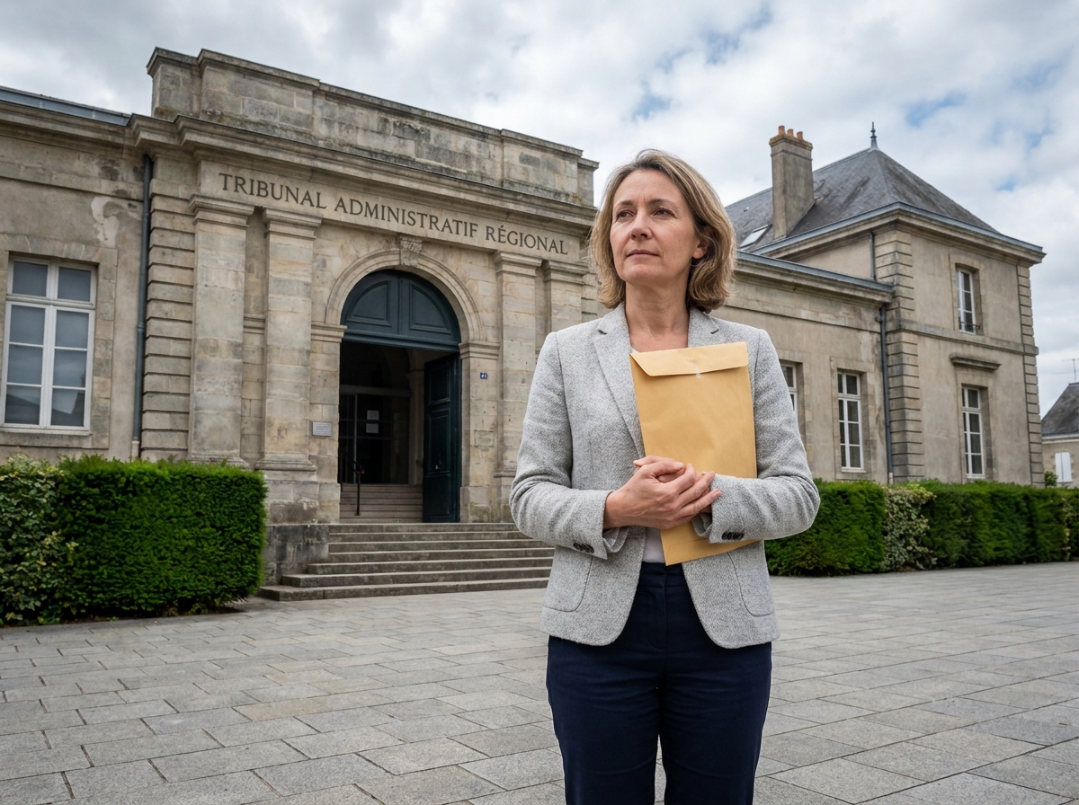 Femme devant un tribunal administratif tenant un recours officiel contre une décision de permis