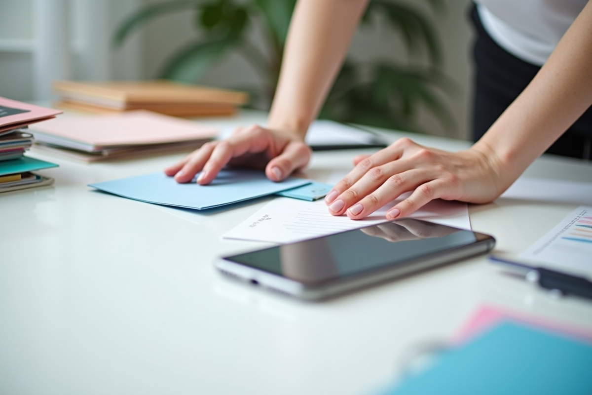 Mains triant des dossiers colorés sur une table propre