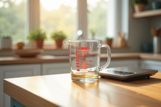 Verre mesure 25 cl sur plan de cuisine lumineux