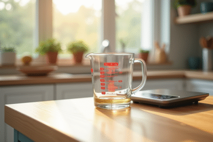 Verre mesure 25 cl sur plan de cuisine lumineux