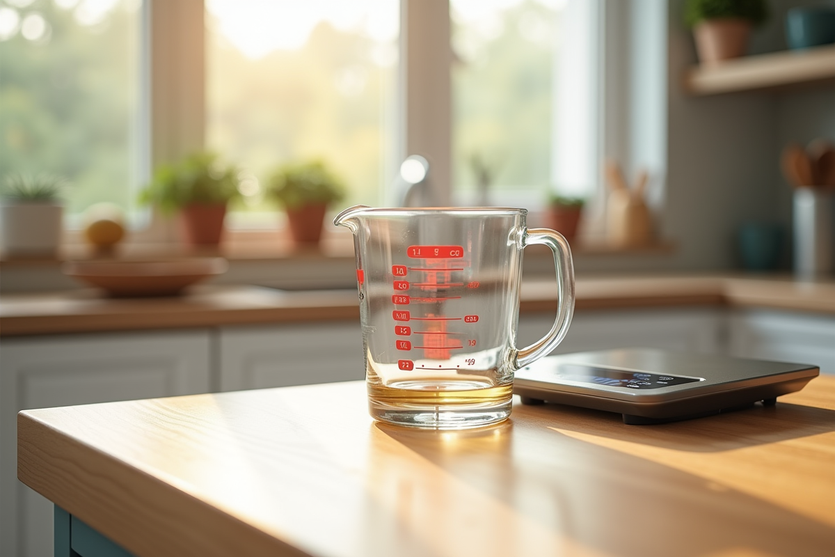 Verre mesure 25 cl sur plan de cuisine lumineux