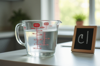 Verre mesure eau de 400ml sur plan de cuisine lumineux