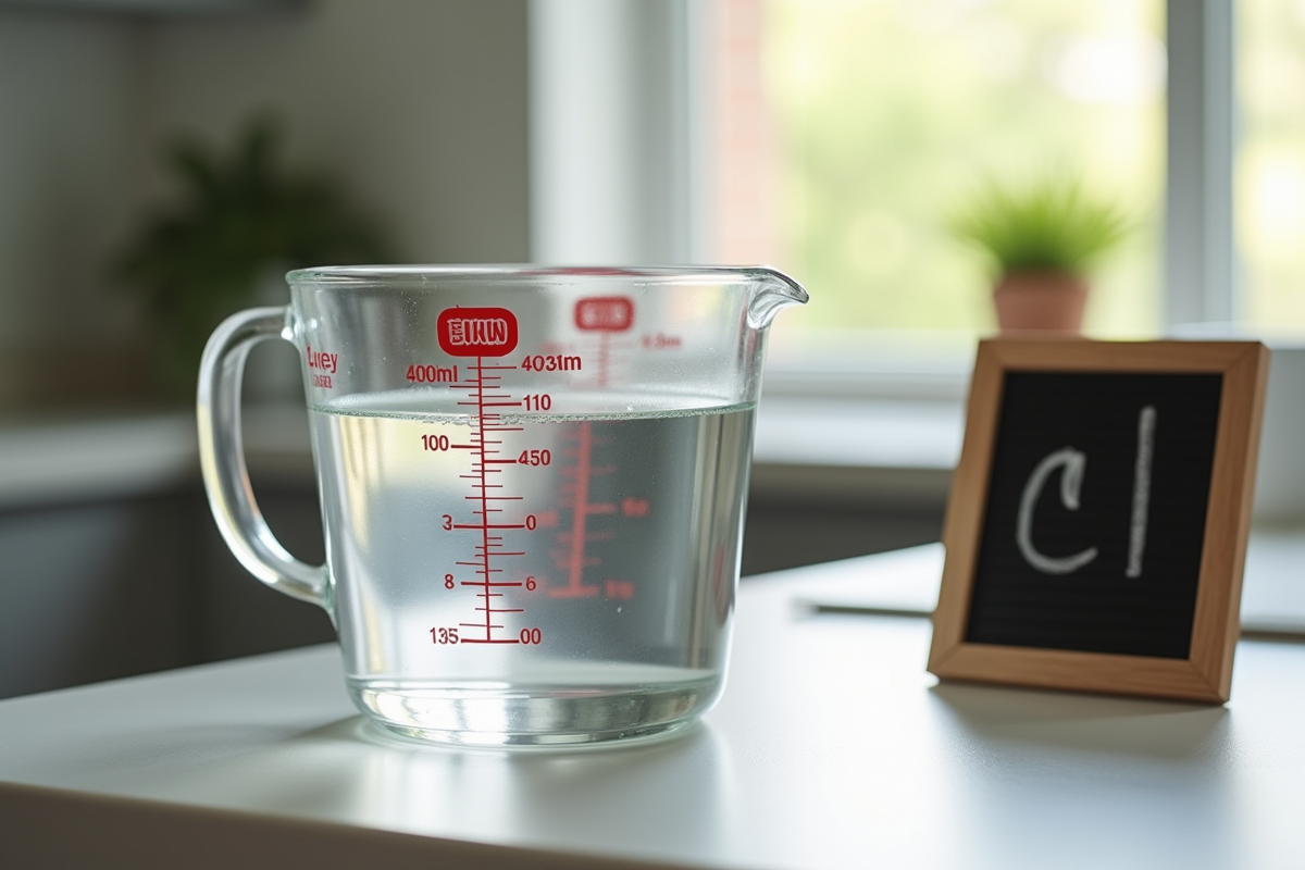 Verre mesure eau de 400ml sur plan de cuisine lumineux
