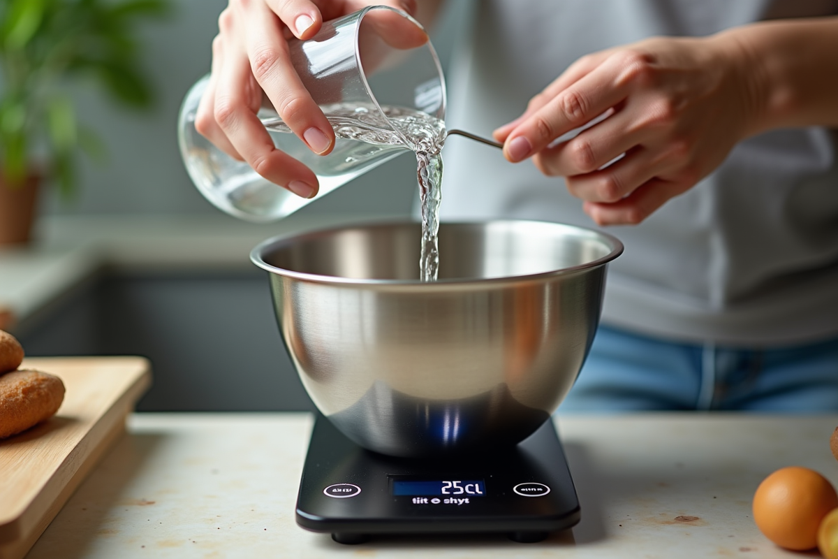Main versant eau dans bol inox sur balance précise