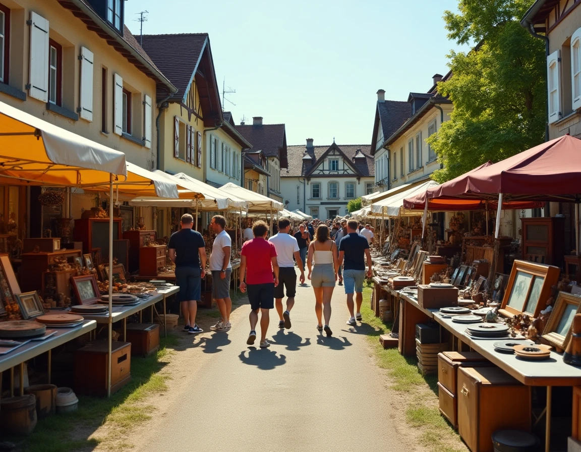 Vue large d'un vide-grenier animé dans un village de l'Ain avec stands et chineurs