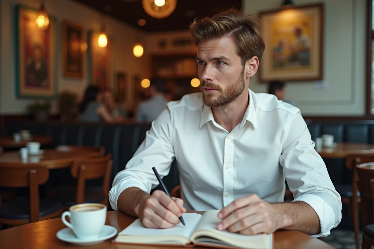 Homme prenant des notes dans un café parisien en préservant sa vie privée des réseaux sociaux