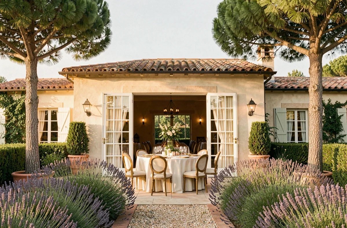 Villa Baulieu en Provence avec sa terrasse méditerranéenne et sa salle de banquet élégamment décorée pour une réception