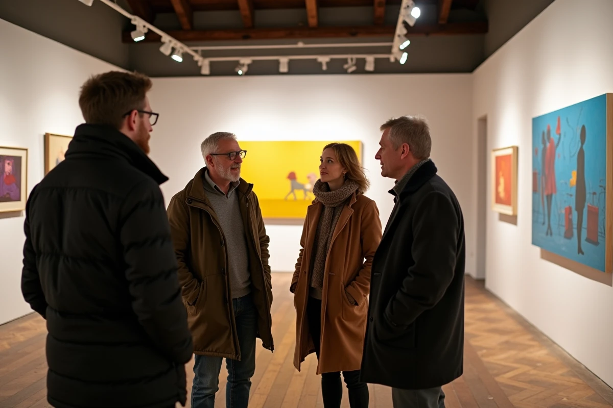 Groupe de visiteurs suivant une visite guidée dans une exposition de peinture contemporaine à Lyon